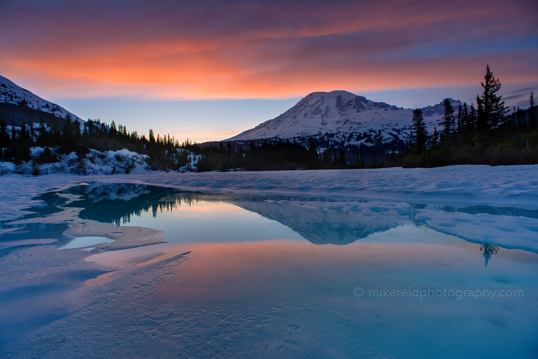 Rainier Bench Lake Sunset Colors Frozen